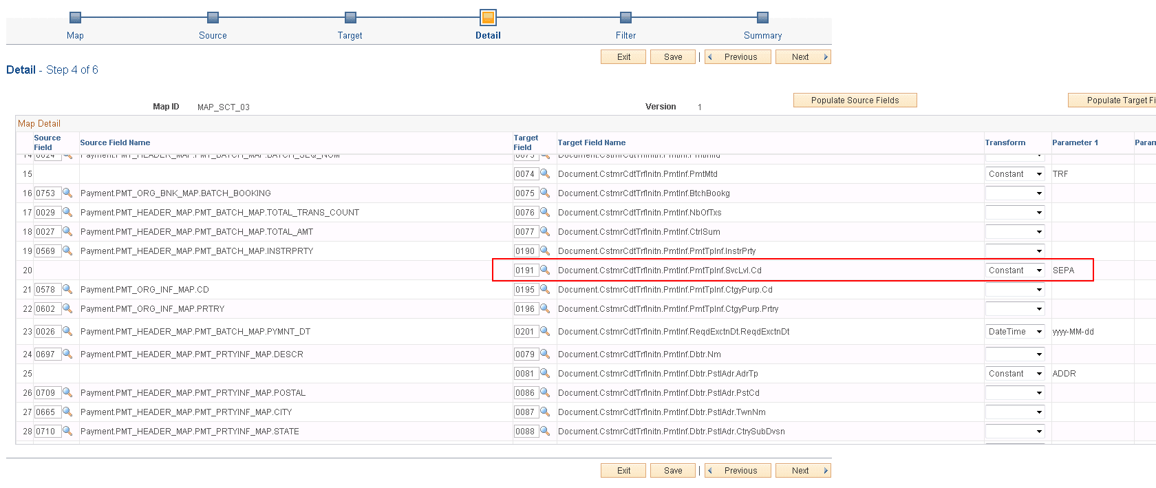 Example of Target Fields Populated on the Map Definition - Details page