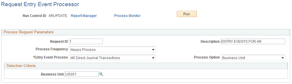 Example of Request Entry Event Processor page for running Receivables transactions, including Direct Journals