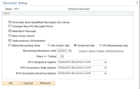 User Preferences - Procurement - Receiver Setup page