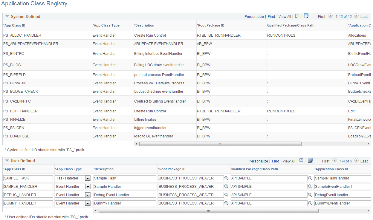 Business Process Weaver - Application Class Registry page