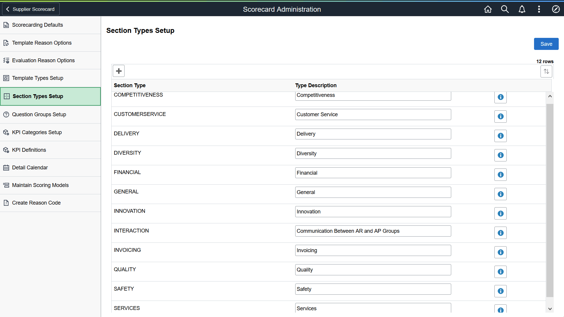 Section Types Setup Page