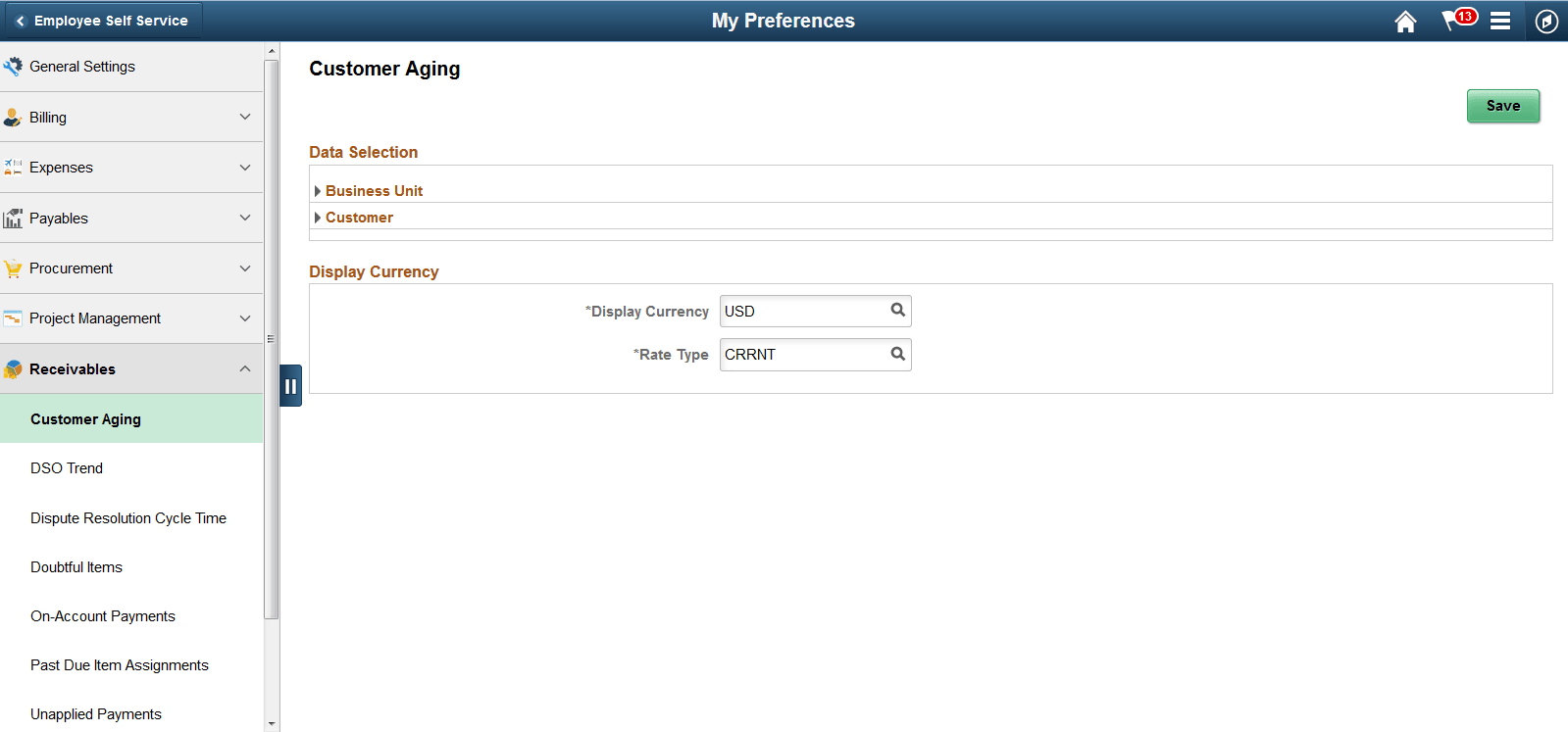 Receivables Preferences page