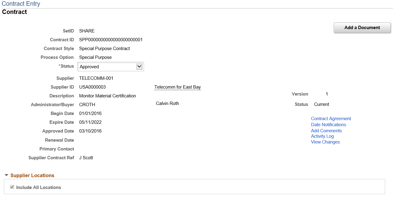 Contract Entry - Contract Page: Special Purpose