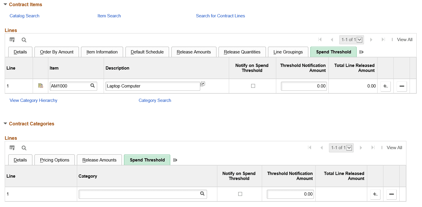 Contract Entry - Contract: Contract Lines and Categories: Spend Thresholds