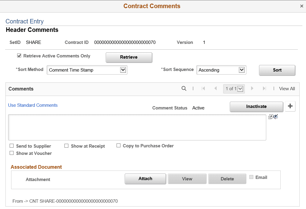 Contract Comments - Header Comments page