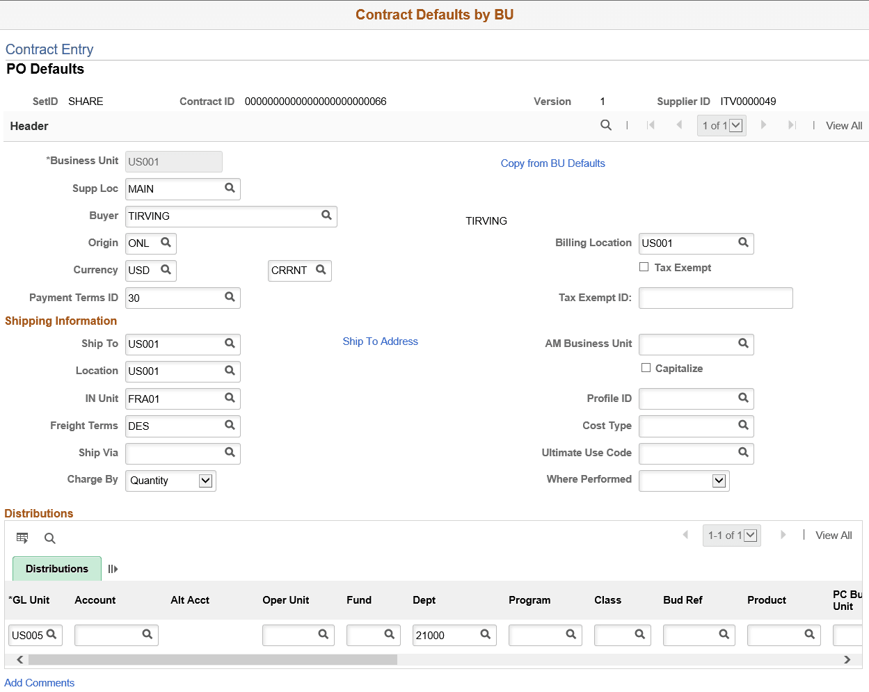 Contract Defaults By BU PO Defaults page