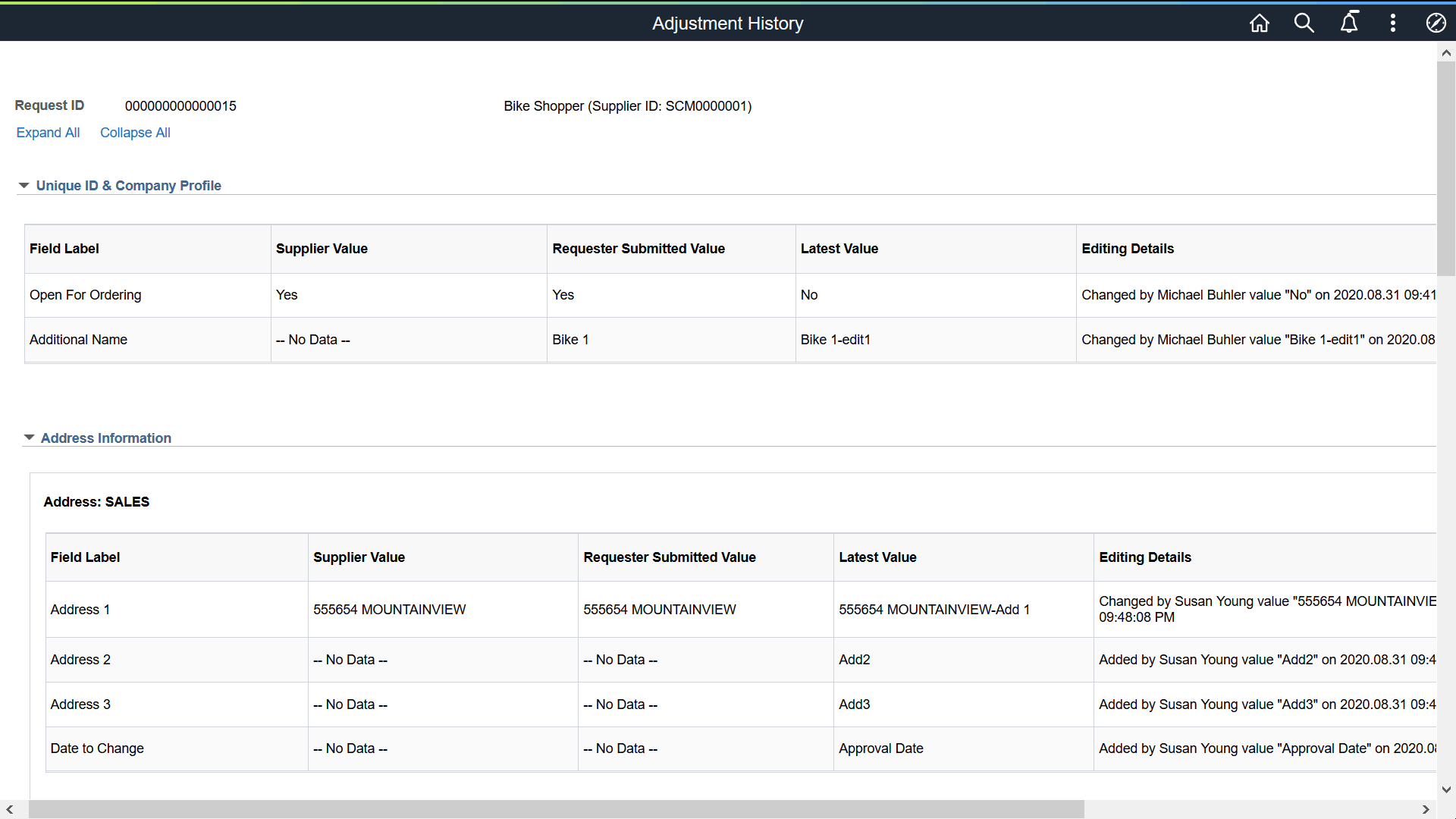 Supplier Change Request Adjustment History page
