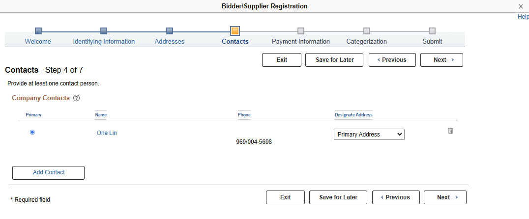 Online Registration Contacts page