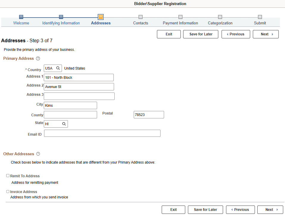 Online Registration Addresses page