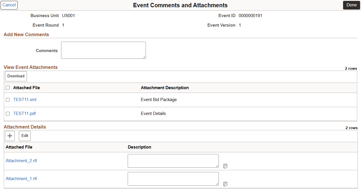 Bidding opportunities Event Comments and attachments