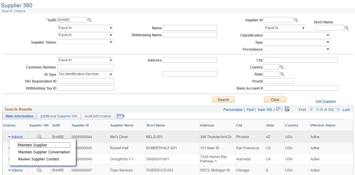 Supplier 360 Search page