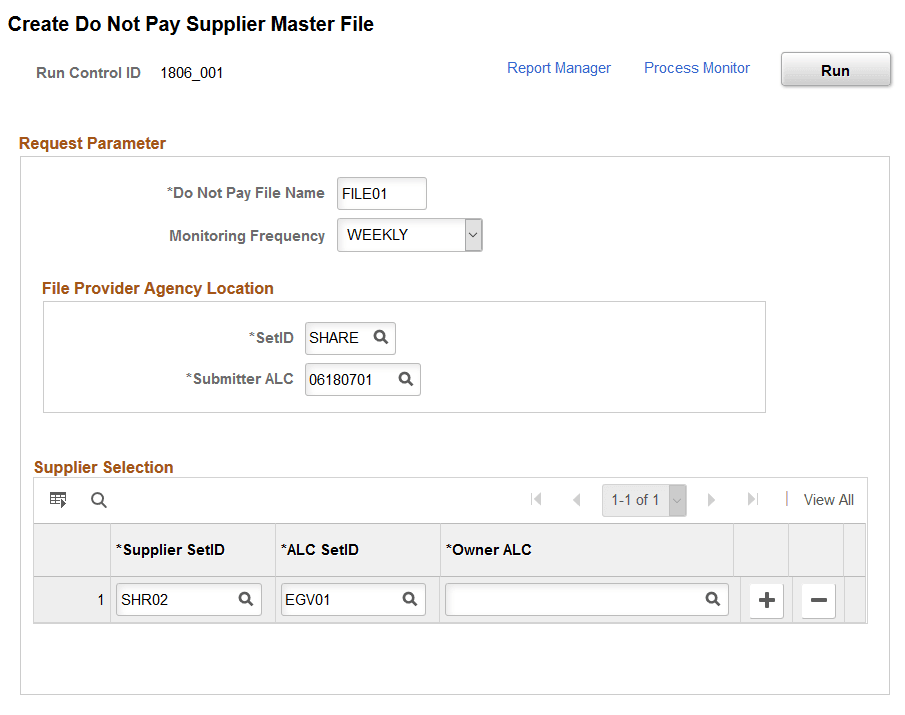 Create Do Not Pay Supplier Master File page