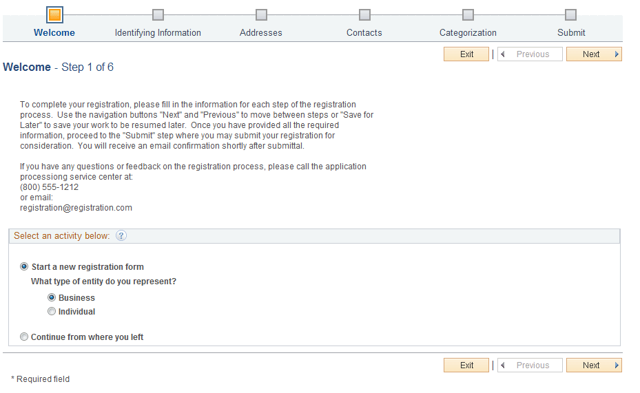 Online Registration: Welcome page