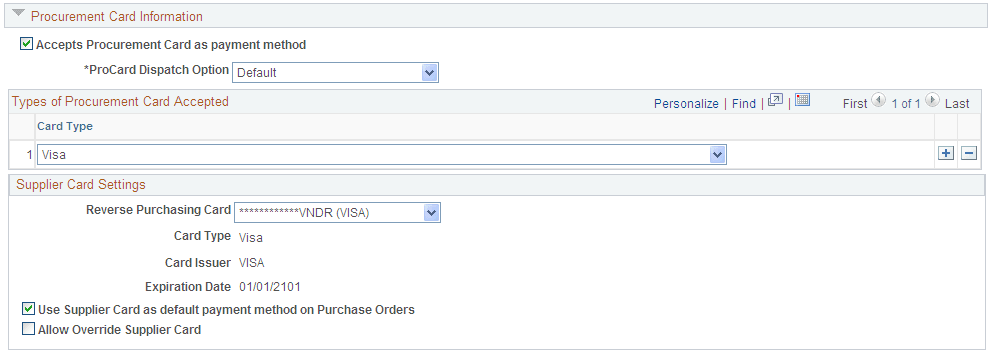 Procurement Options page - Procurement Card Information section
