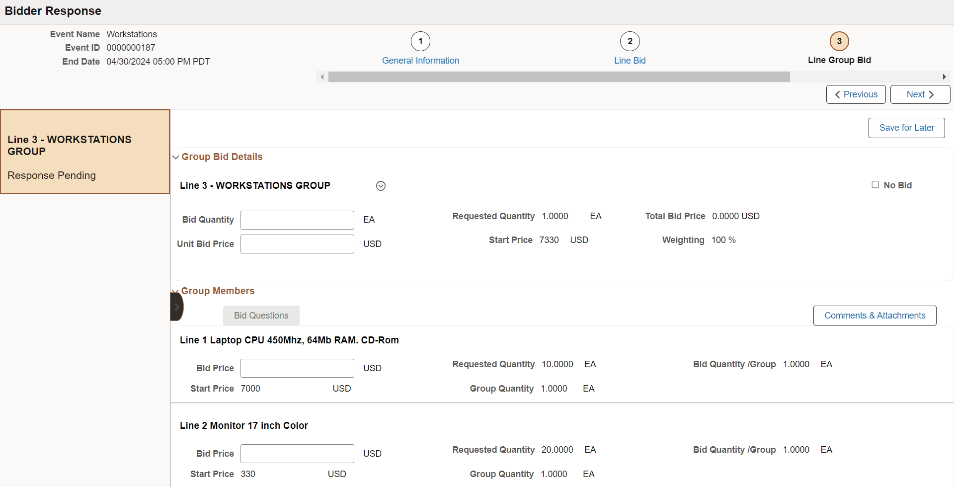 RFX Bidder Response Line Bid Group