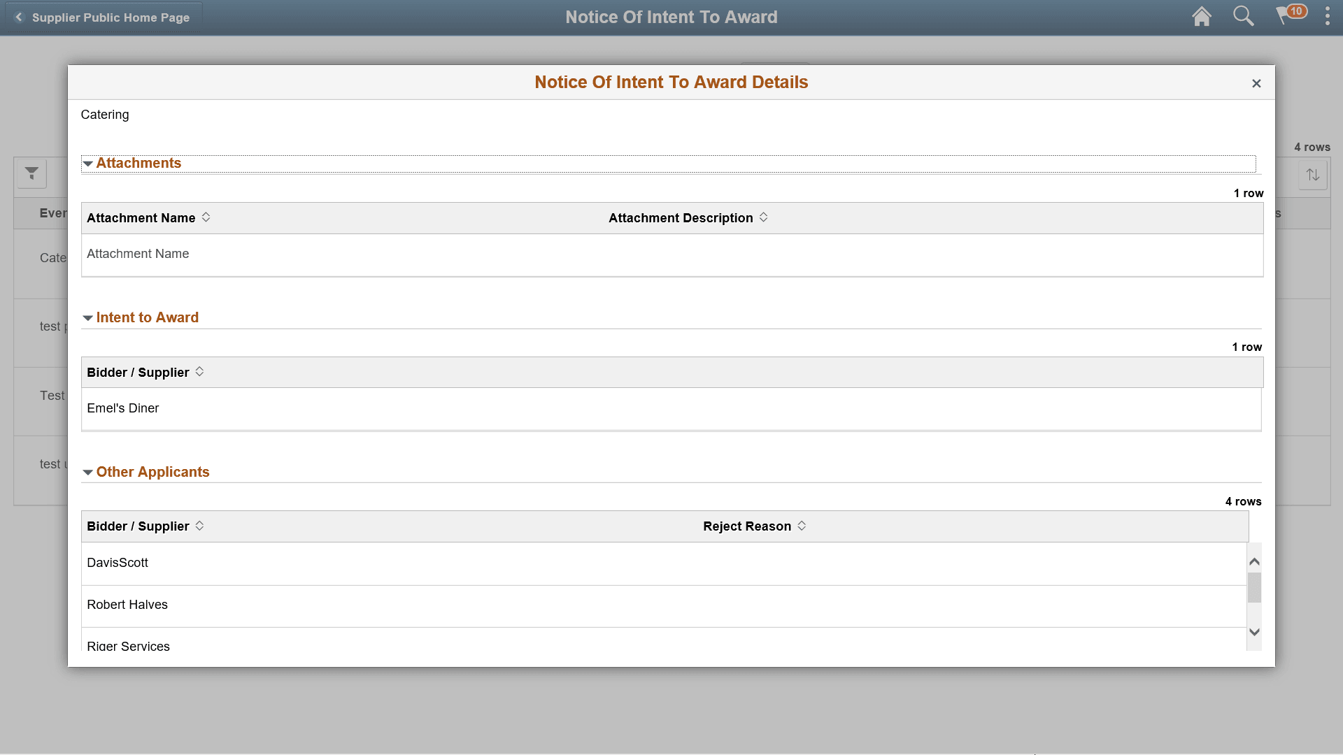 Notice of Intent to Award Details page Public Portal