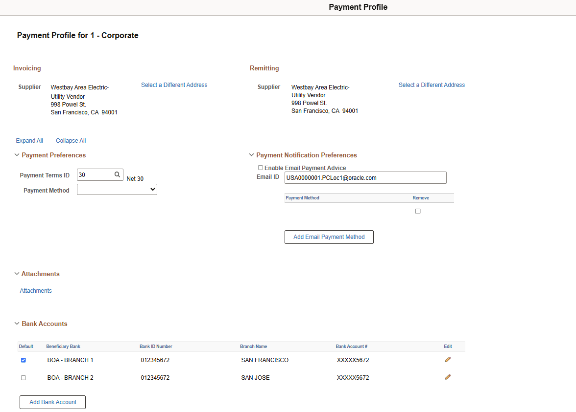 Supplier Change Request: Payment Profile secondary page (1 of 2)