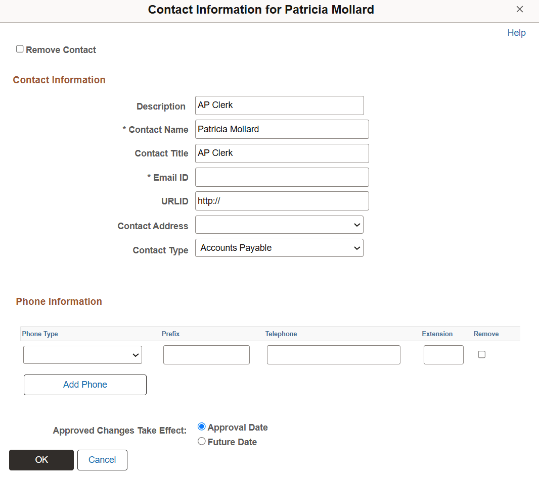 Supplier Change Request: Contact Information detail page