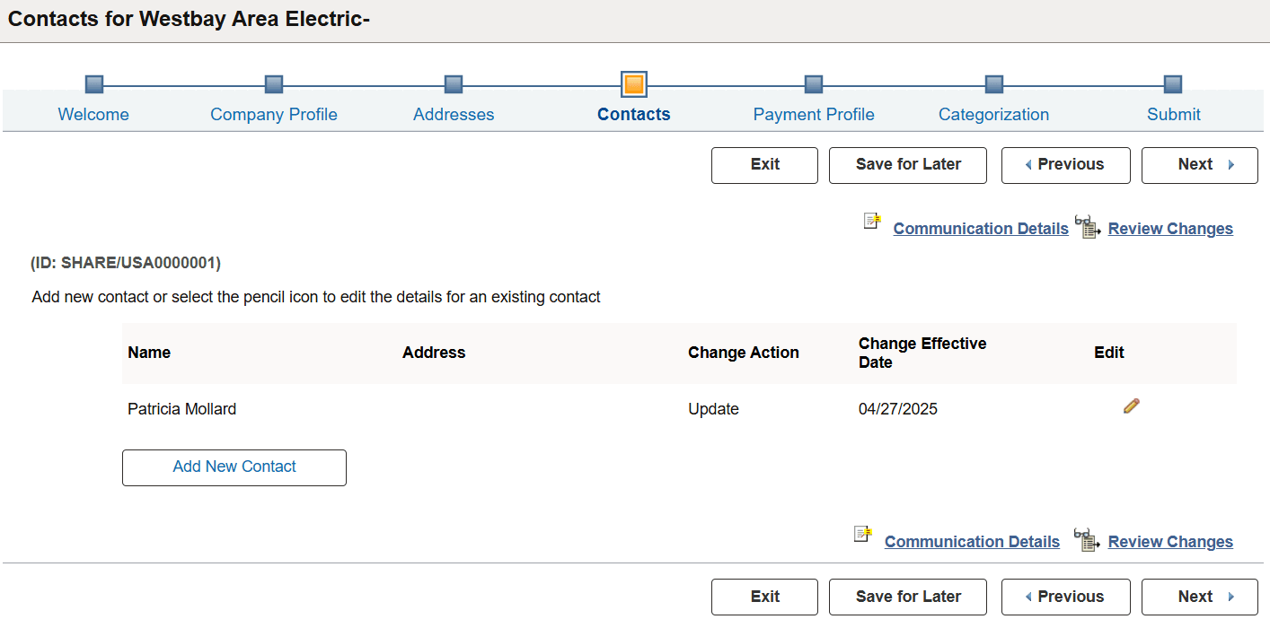 Supplier Change Request: Contacts page
