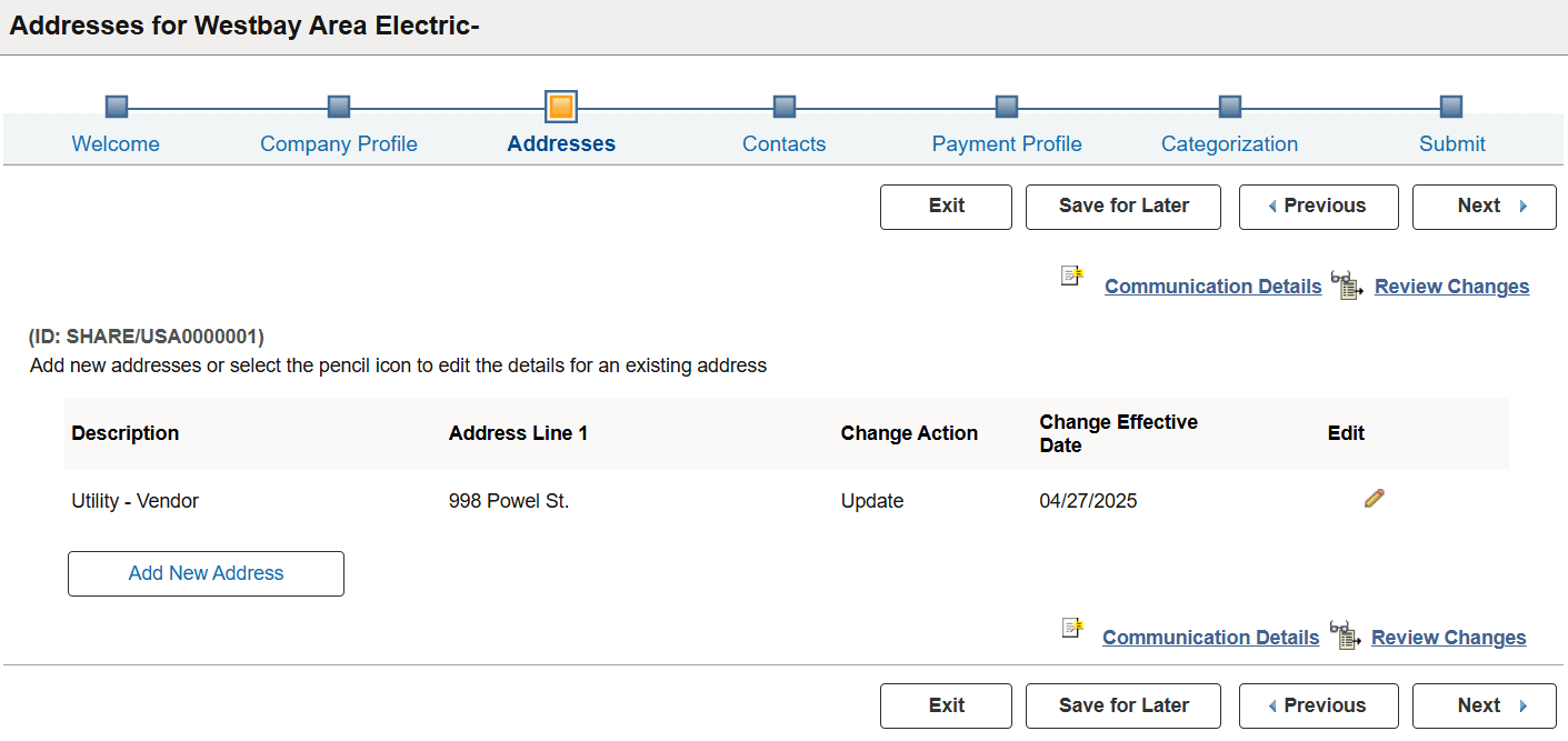 Supplier Change Request: Addresses page