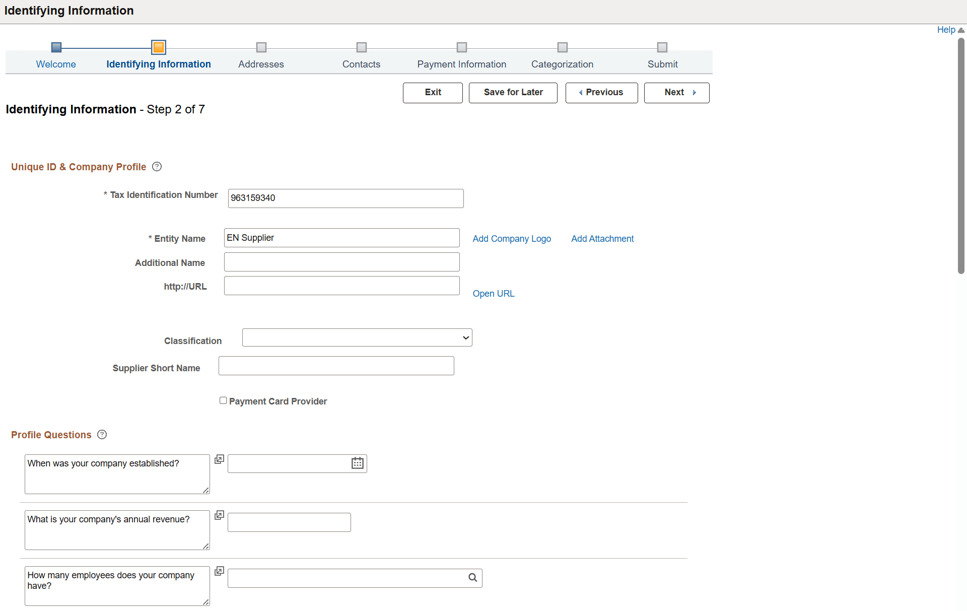 Online Registration Identifying Information page for a new bidder or new supplier (1 of 2)