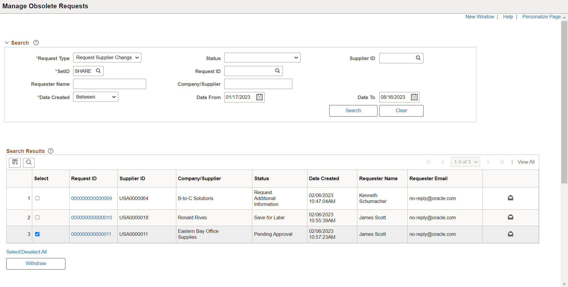Manage Obsolete Requests _Supplier change Requests Page