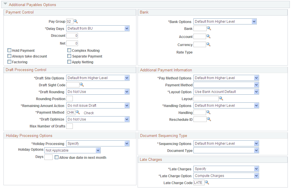 Payables Options page - Additional Payables Options section