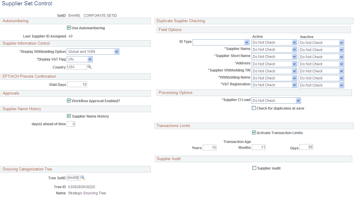 Supplier Set Control page