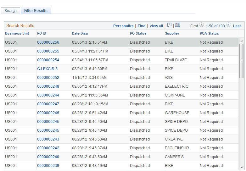Filter Results page (dispatched purchase orders)