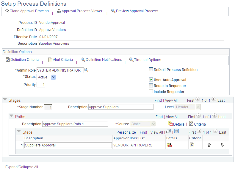 Setup Process Definitions page for Supplier Approval
