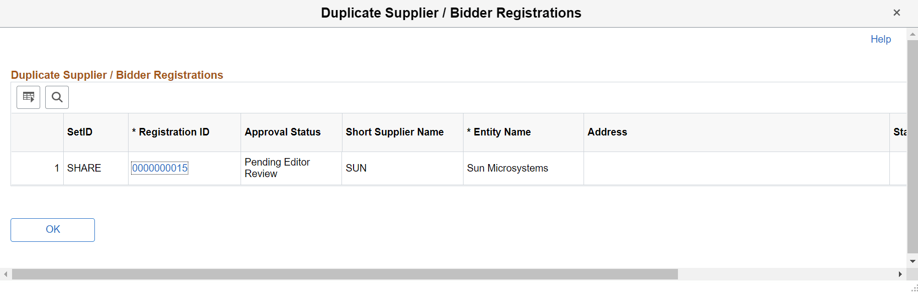Duplicate Supplier / Bidder Registrations page