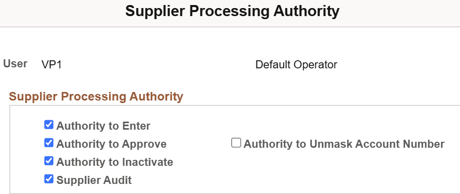 Supplier Processing Authority Page