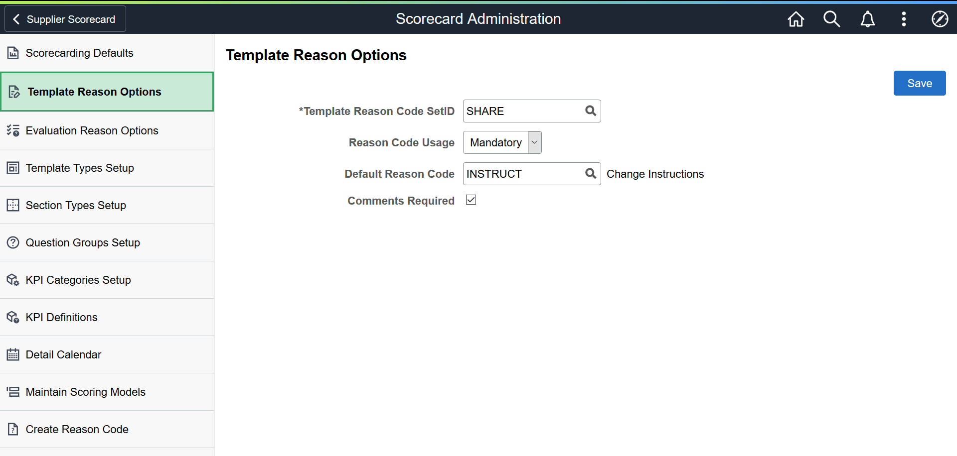 Template Reason Options Page