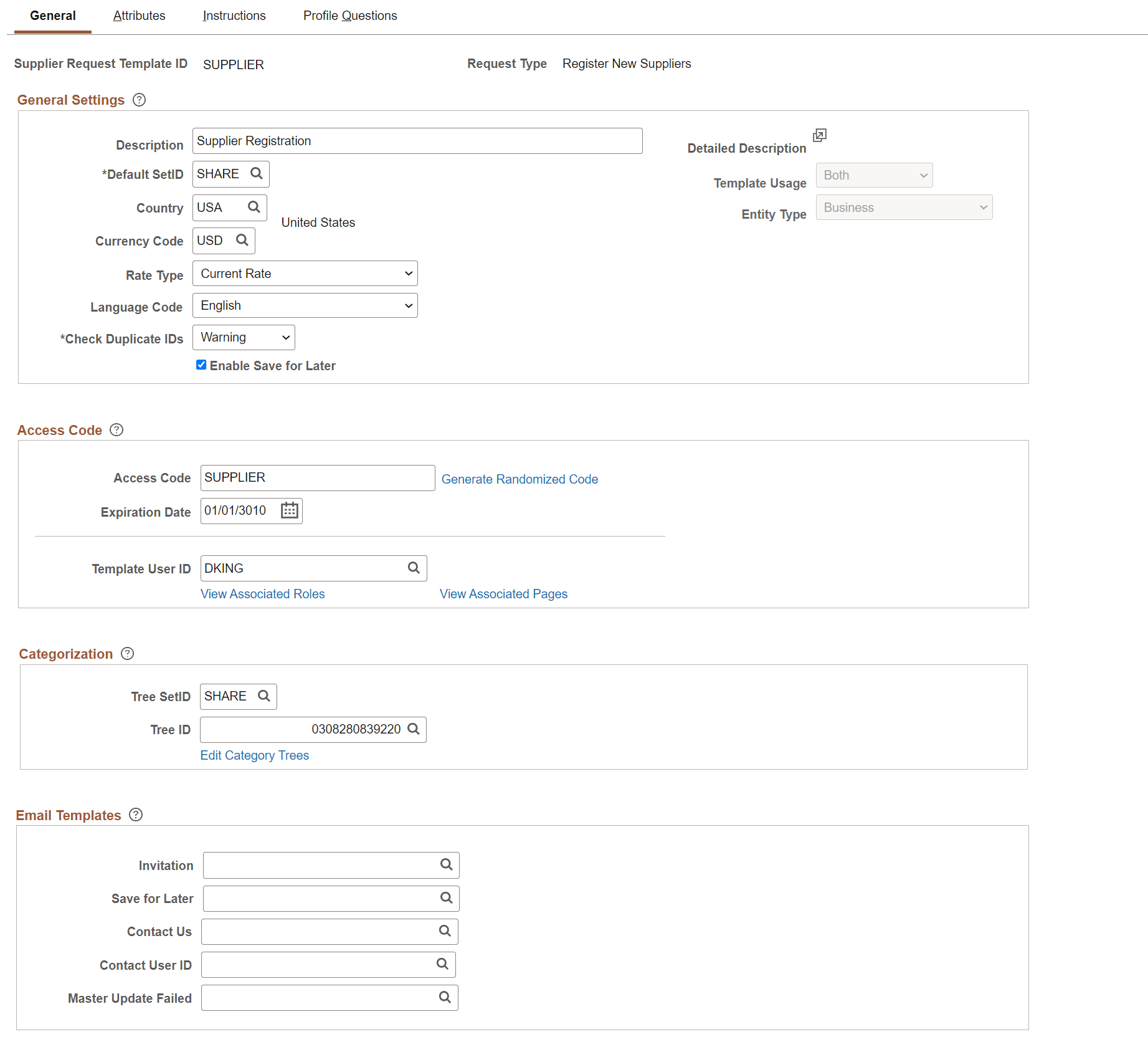 Supplier Request Templates - General page