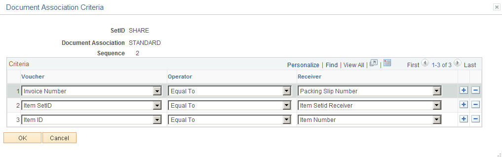 Document Association Criteria page