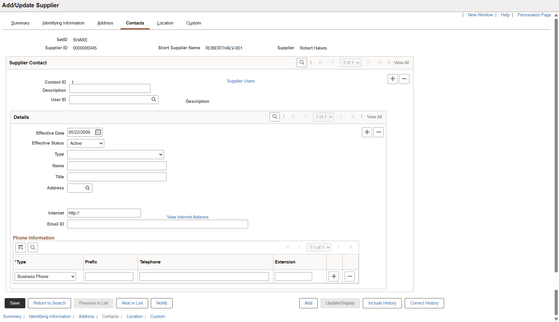 Supplier Information - Contacts page