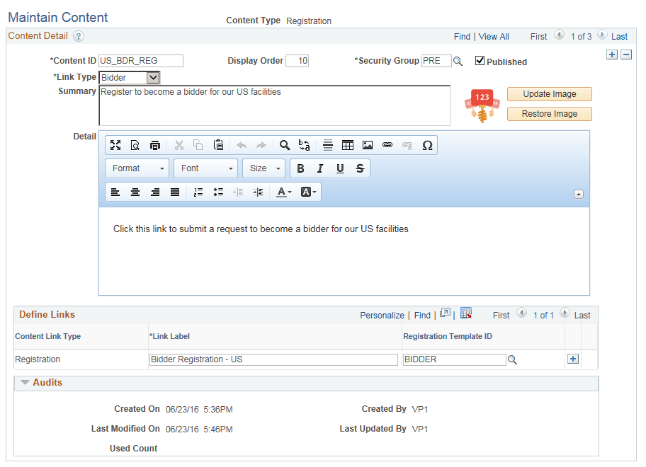 Maintain Content - Registration page