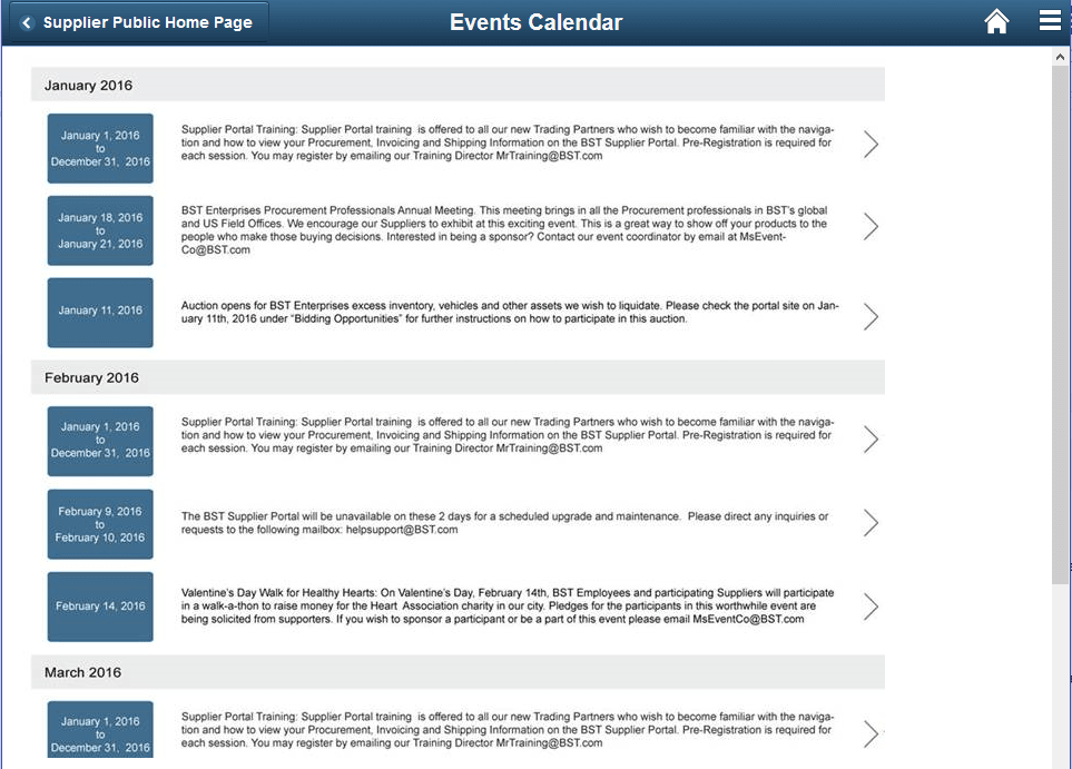 Events Calendar page