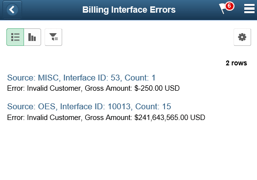 Billing Interface Errors Pivot Grid List view as seen on a smartphone