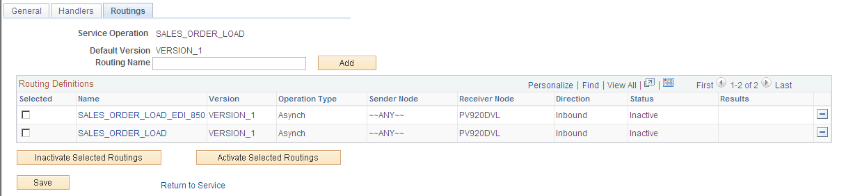 Service Operations-Routings page