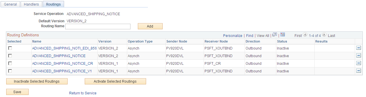 Service Operations-Routings page