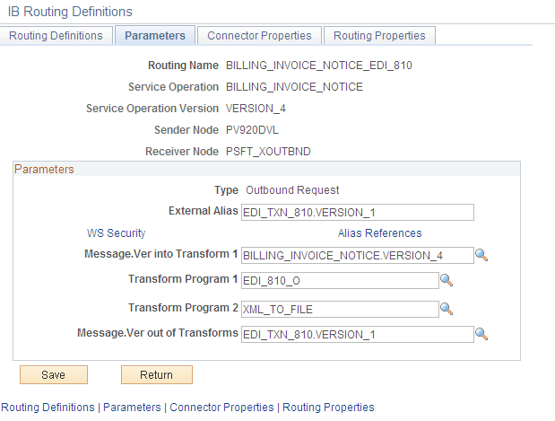 Routings-Parameters page