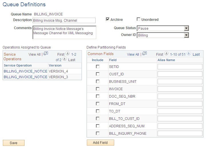 Queue Definitions page
