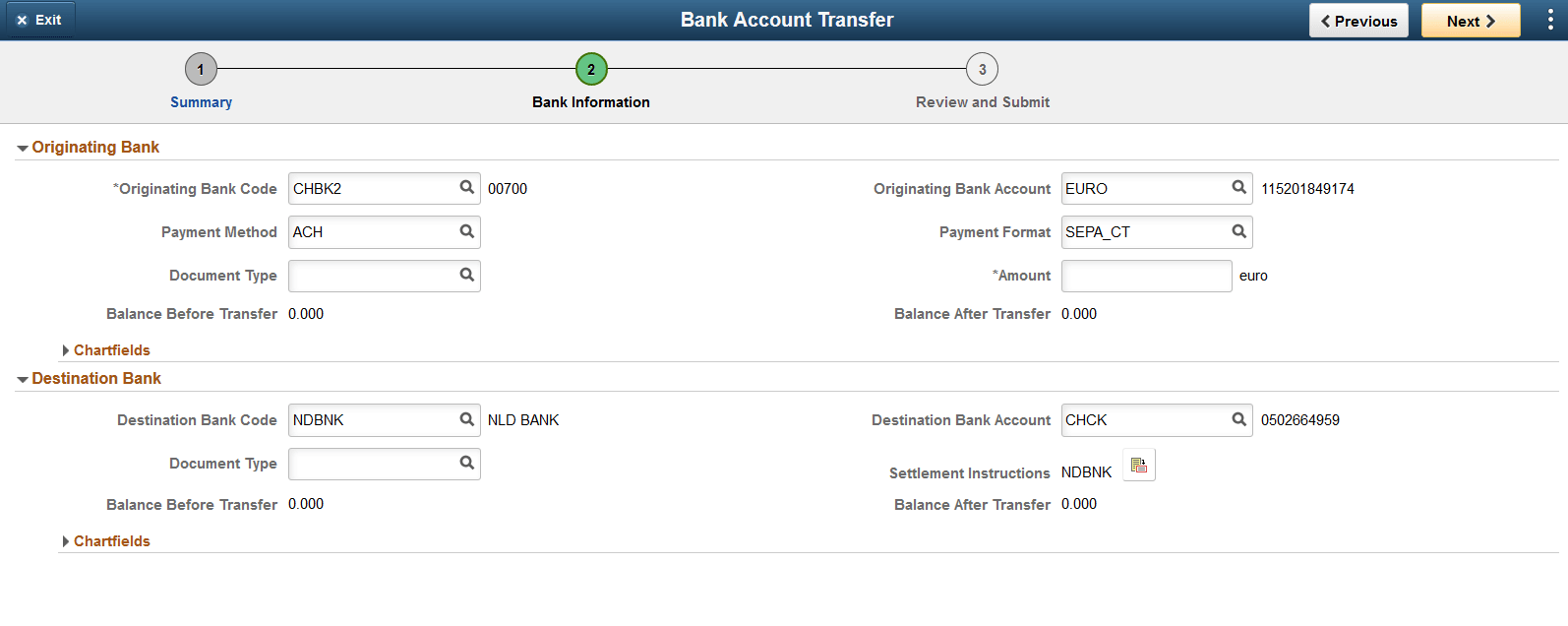 Bank Account Transfer - Bank Information Page