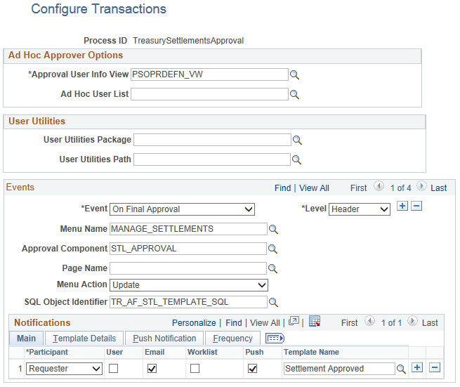 Configure Transactions page for Settlement Approvals