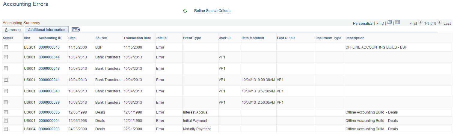 Accounting Errors page - Additional Information tab