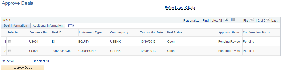 Approve Deals page - Deal Information page