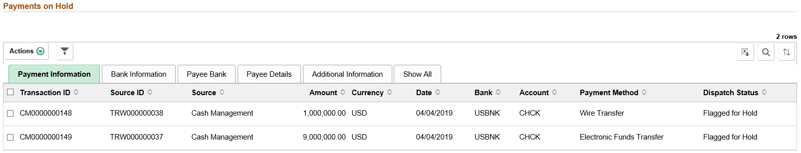 Payments on Hold page