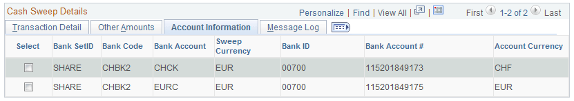 Cash Sweep Results page - Account Information tab
