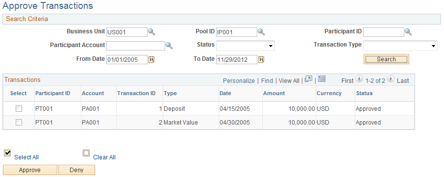 Approve Transactions page
